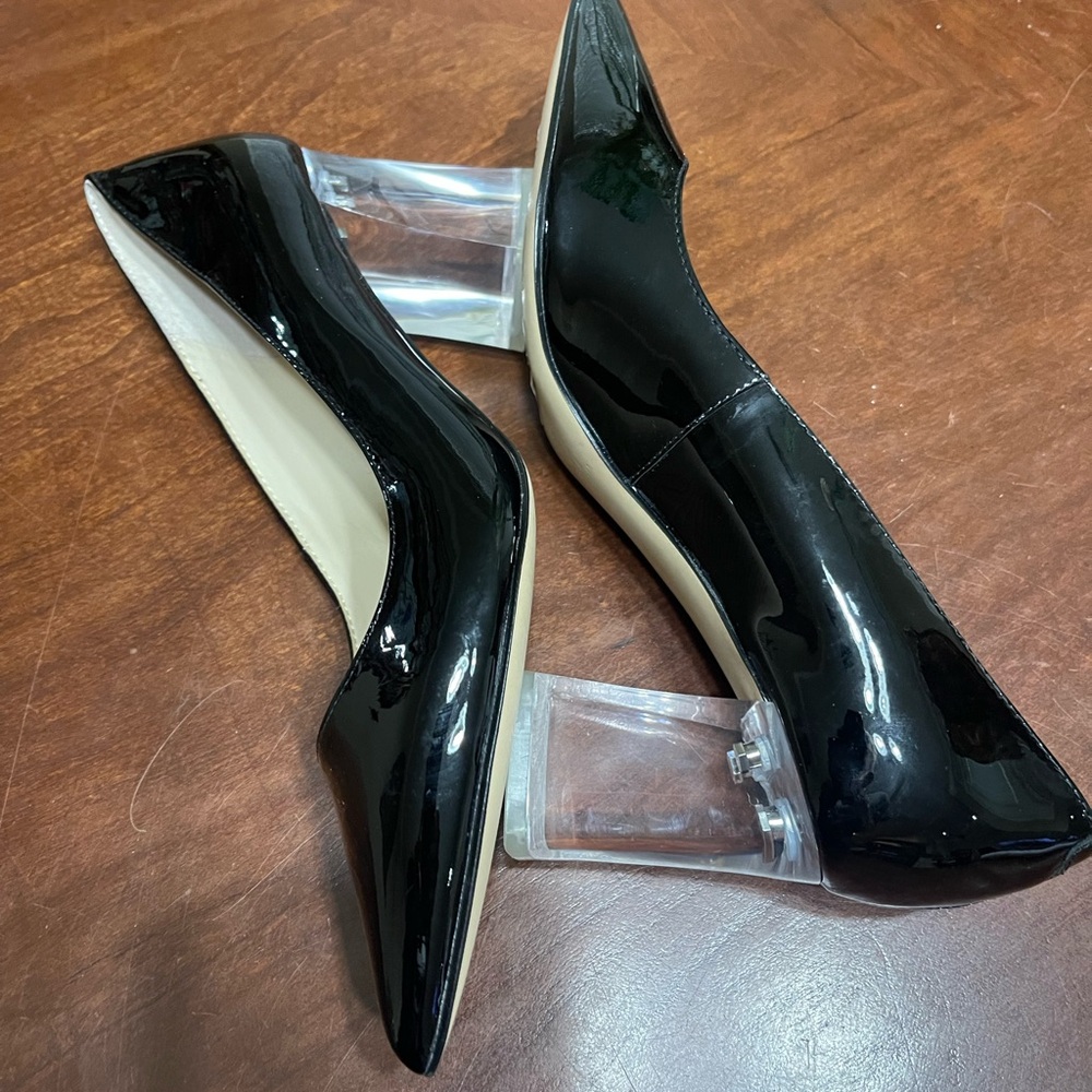 Marc Fisher Zala Black Patent Leather Pointed Toe Pumps Clear Acrylic Block Heel - Picture 4 of 8